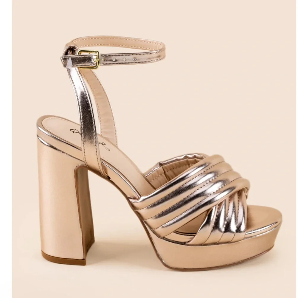 Qupid Metallic Rose Gold Platform Block Heel Sandals with Ankle Strap